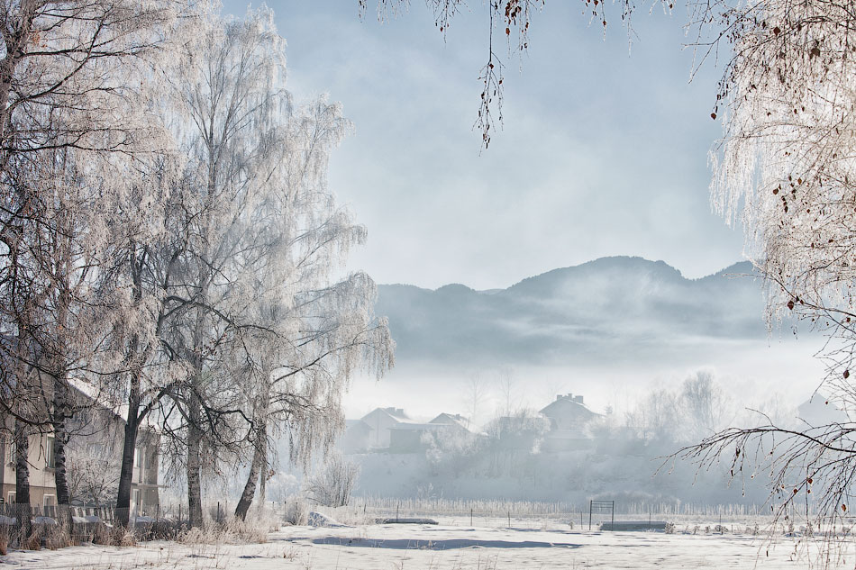 Cold winter morning in village of Govedartsi